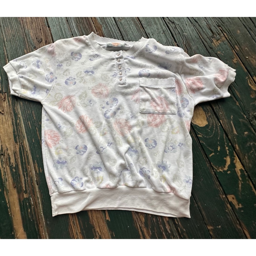 Vintage Coral Bay Petites Floral Henley Sweatshirt Short Sleeve White Pastel L